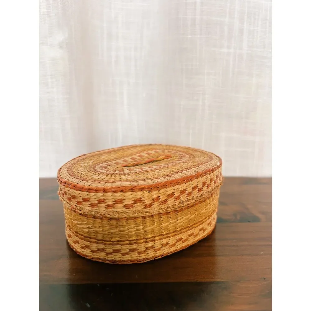 Vintage 1970s/1980s Chinese Hand-Woven Coiled Lidded Basket